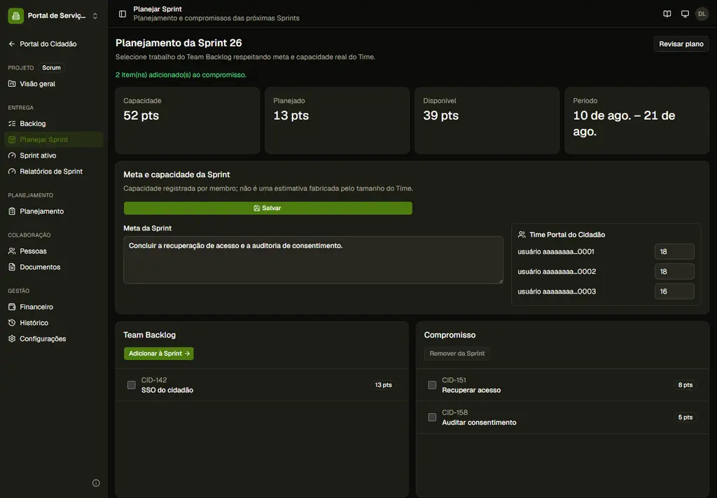 Planejamento da Sprint 26 com meta, capacidade de 52 pontos, compromisso de 13 pontos e os itens Recuperar acesso e Auditar consentimento Planejamento da Sprint 26 com meta, capacidade de 52 pontos, compromisso de 13 pontos e os itens Recuperar acesso e Auditar consentimento