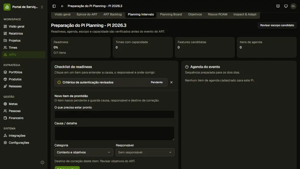 Preparação do PI 2026.3 com checklist preenchido, item pendente e formulários de escopo e capacidade