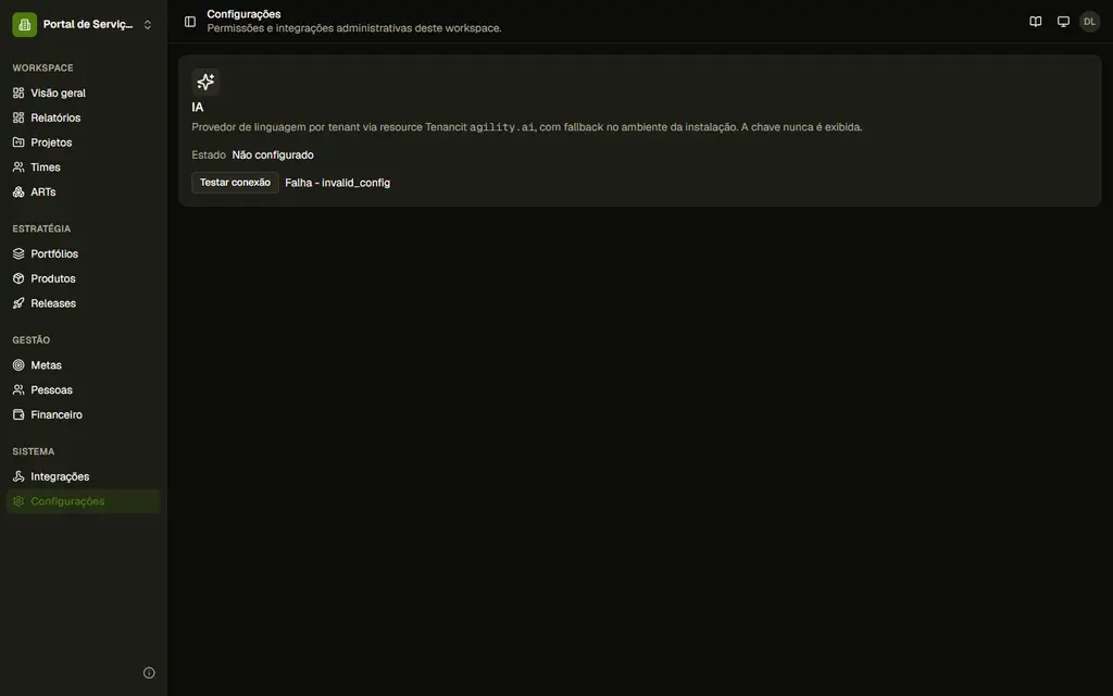 Configurações do Workspace Portal de Serviços com o cartão de IA, estado Não configurado e resultado Falha - invalid_config após testar a conexão Configurações do Workspace Portal de Serviços com o cartão de IA, estado Não configurado e resultado Falha - invalid_config após testar a conexão